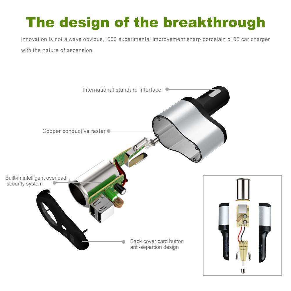 VODOOL usb Car Charger Adapter with 1 Socket Cigarette Lighter and 2 USB Newly