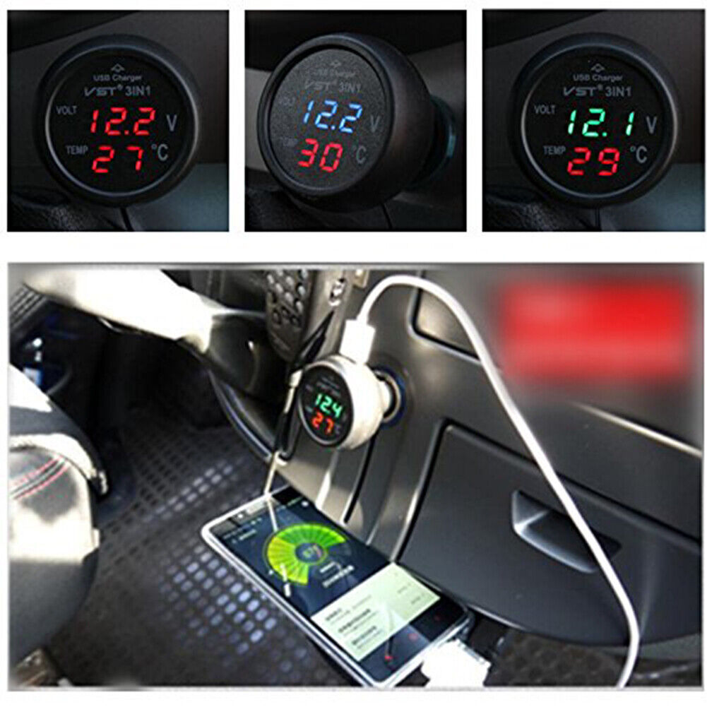 VST B7006 3 in 1 USB Charger for Phone Digital Car Battery Voltage Temp Meter